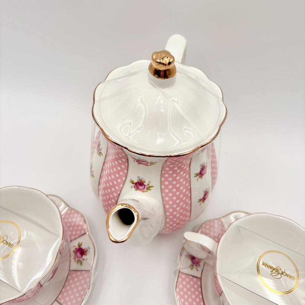 Grace Teaware Pink Polka Dot Rose Floral Porcelain Teapot and 2 Cup Saucer Set - Picture 10 of 11